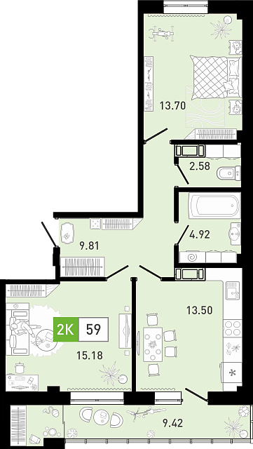 Планировка: Евротрешка 60 м² в ЖК Ново Комарово, Ново-Комарово