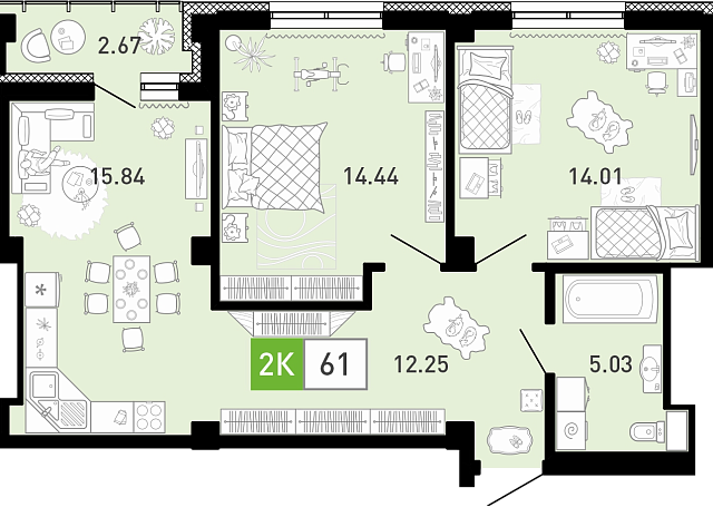 Планировка: Евротрешка 61.8 м² в ЖК Пятый квартал, Ново-Патрушево