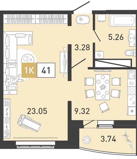 Планировка: 1-комнатная 41.1 м² в ЖК Ново Комарово, Ново-Комарово