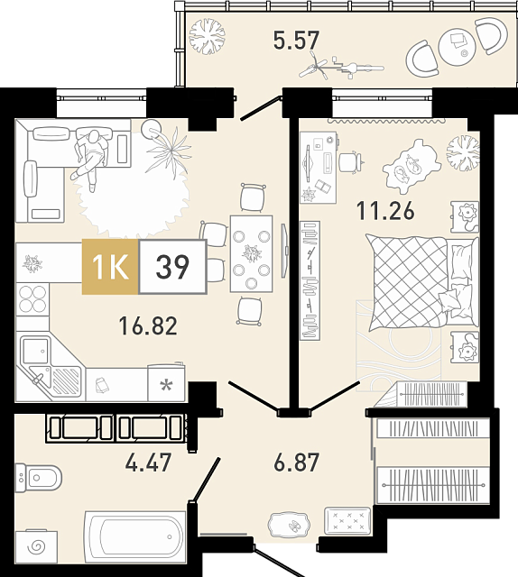 Планировка: Евродвушка 39.4 м² в ЖК Ново Комарово, Ново-Комарово