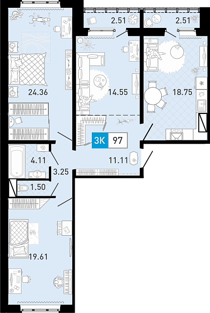Планировка: 4-комнатная евро 97.2 м² в ЖК Ново Комарово, Ново-Комарово