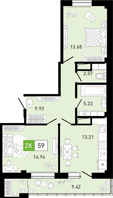 Планировка: Евротрешка 59.7 м² в ЖК Ново Комарово, Ново-Комарово