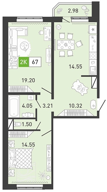 Планировка: Евротрешка 67.8 м² в ЖК Ново Комарово, Ново-Комарово