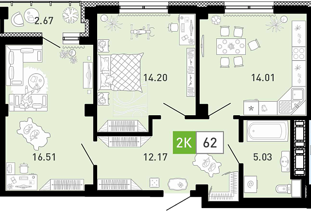 Планировка: Евротрешка 61.8 м² в ЖК Пятый квартал, Ново-Патрушево