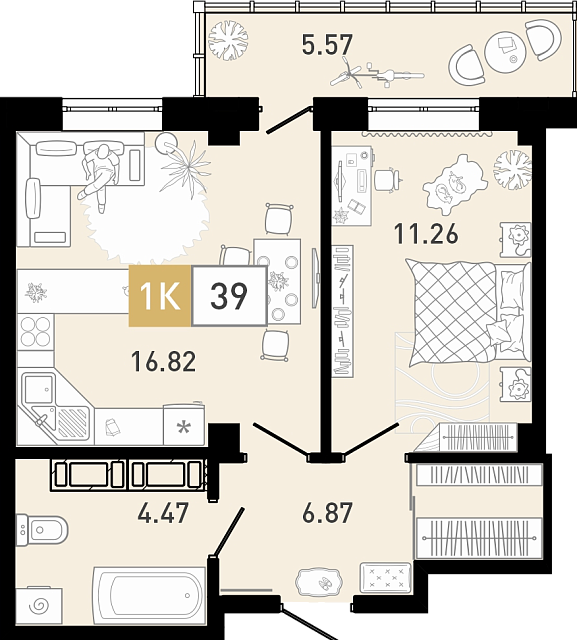 Планировка: Евродвушка 39.7 м² в ЖК Ново Комарово, Ново-Комарово