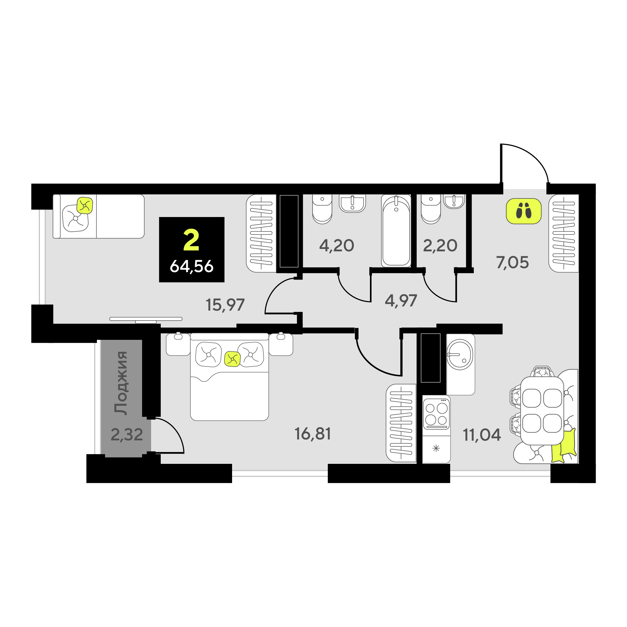 Планировка: Евротрешка 64.5 м² в ЖК Окинава, 5-й Заречный