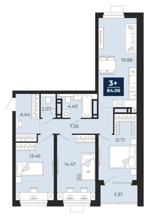 Планировка: 4-комнатная евро 82.4 м² в ЖК Прео, Тюменская слобода
