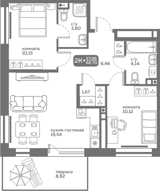 Планировка: Евротрешка 57.9 м² в ЖК Меридиан Слобода, Тюменская слобода