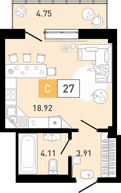 Планировка: Студия 27 м² в ЖК Ново Комарово, Ново-Комарово