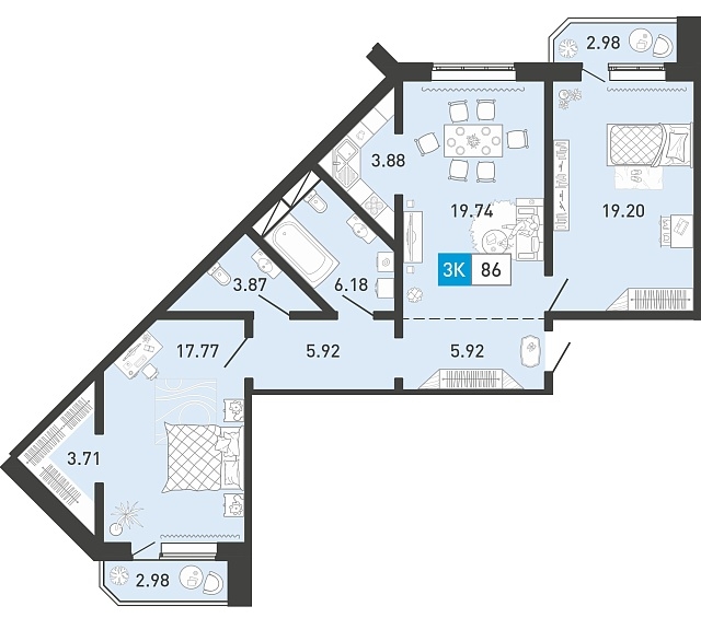 Планировка: Евротрешка 86.3 м² в ЖК Ново Комарово, Ново-Комарово