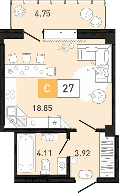 Планировка: Студия 26.9 м² в ЖК Ново Комарово, Ново-Комарово