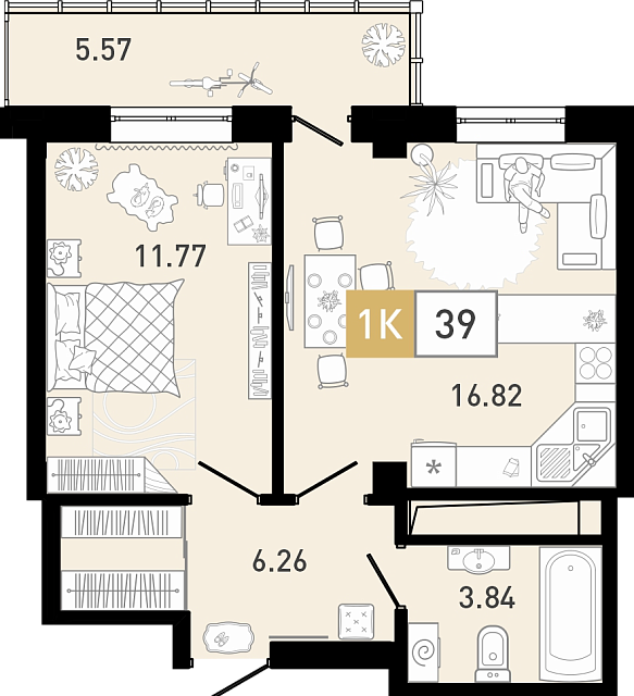 Планировка: Евродвушка 38.9 м² в ЖК Ново Комарово, Ново-Комарово