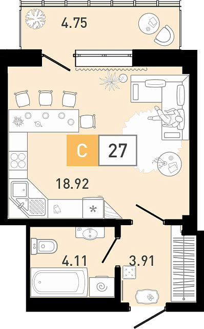 Планировка: Студия 26.9 м² в ЖК Ново Комарово, Ново-Комарово