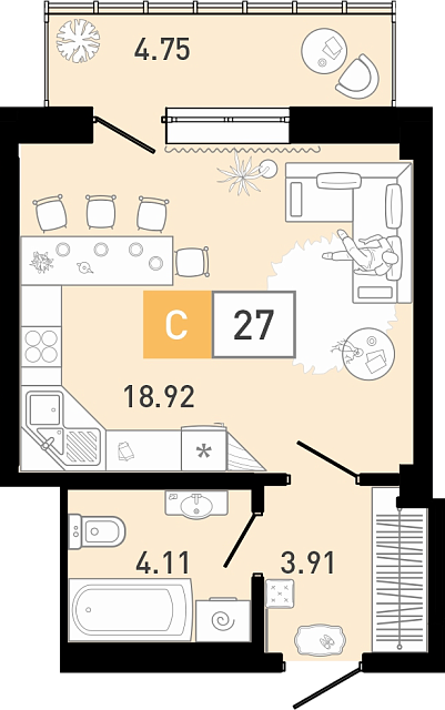 Планировка: Студия 26.9 м² в ЖК Ново Комарово, Ново-Комарово