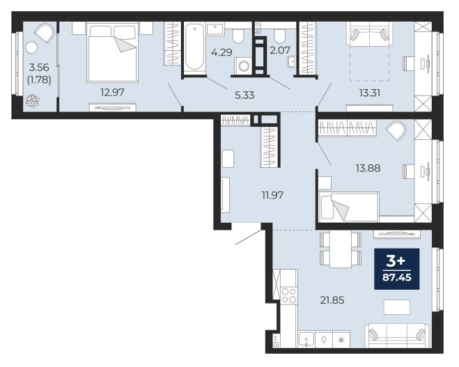 Планировка: 4-комнатная евро 87.5 м² в ЖК Беринг, Лесобаза