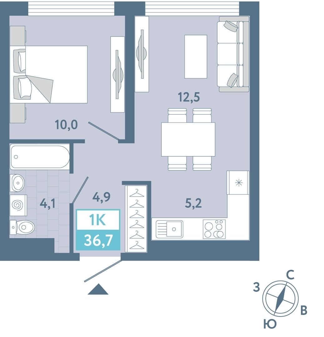 Планировка: Евродвушка 36.7 м² в ЖК AIRIS, Комарово Парк