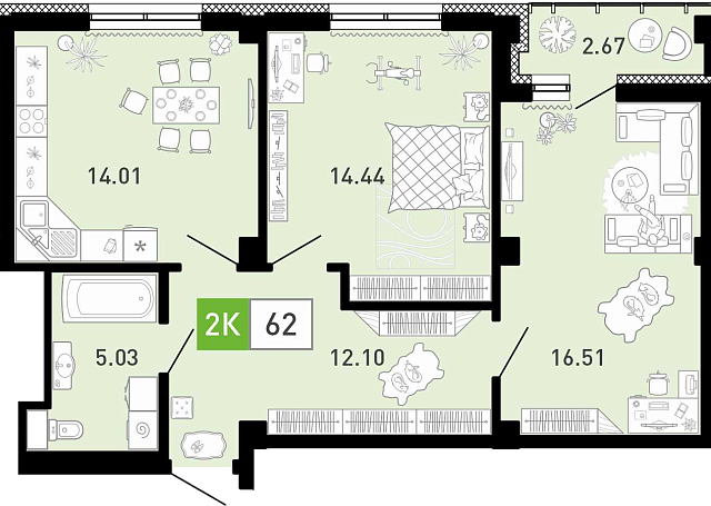 Планировка: Евротрешка 62.4 м² в ЖК Пятый квартал, Ново-Патрушево