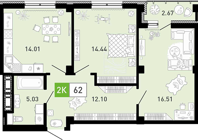 Планировка: Евротрешка 62.3 м² в ЖК Пятый квартал, Ново-Патрушево