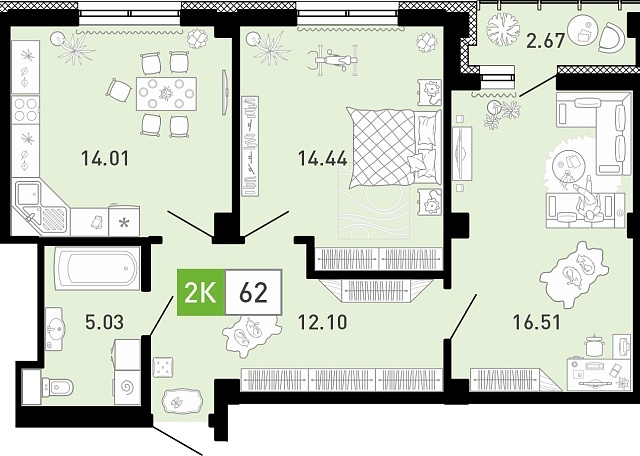 Планировка: Евротрешка 62.3 м² в ЖК Пятый квартал, Ново-Патрушево