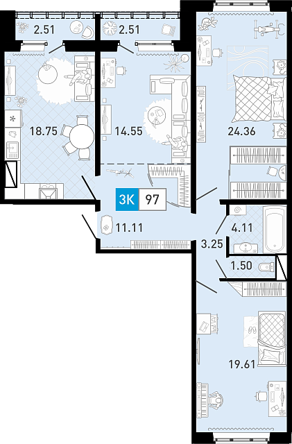 Планировка: 4-комнатная евро 97.2 м² в ЖК Ново Комарово, Ново-Комарово