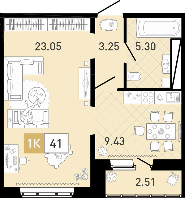 Планировка: 1-комнатная 41.1 м² в ЖК Ново Комарово, Ново-Комарово
