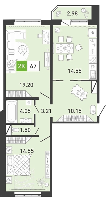 Планировка: Евротрешка 67.9 м² в ЖК Ново Комарово, Ново-Комарово