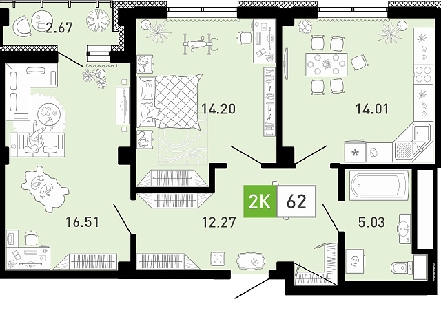Планировка: Евротрешка 62.3 м² в ЖК Пятый квартал, Ново-Патрушево