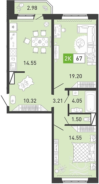 Планировка: Евротрешка 67.7 м² в ЖК Ново Комарово, Ново-Комарово