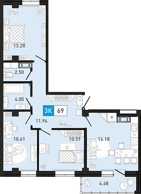 Планировка: 4-комнатная евро 69.3 м² в ЖК Ново Комарово, Ново-Комарово