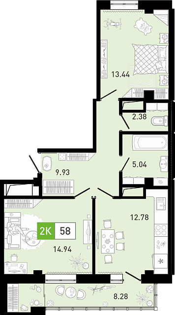 Планировка: Евротрешка 58.9 м² в ЖК Ново Комарово, Ново-Комарово