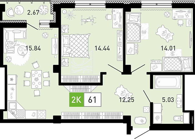 Планировка: Евротрешка 61.8 м² в ЖК Пятый квартал, Ново-Патрушево