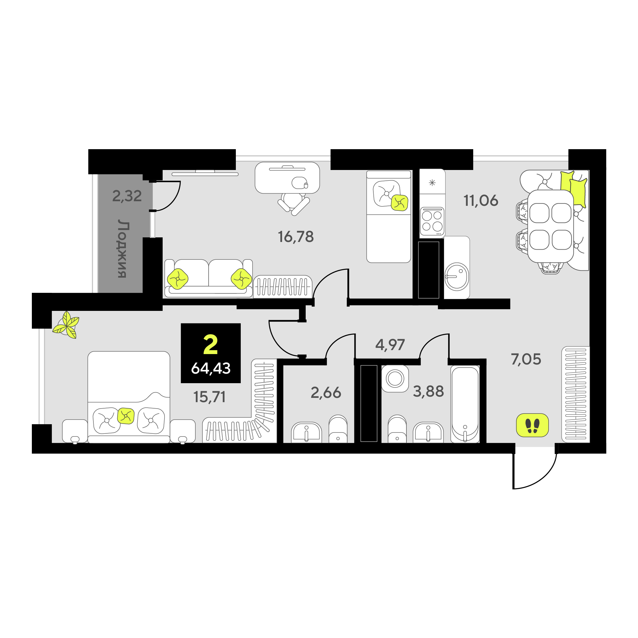 Планировка: Евротрешка 64.4 м² в ЖК Окинава, 5-й Заречный