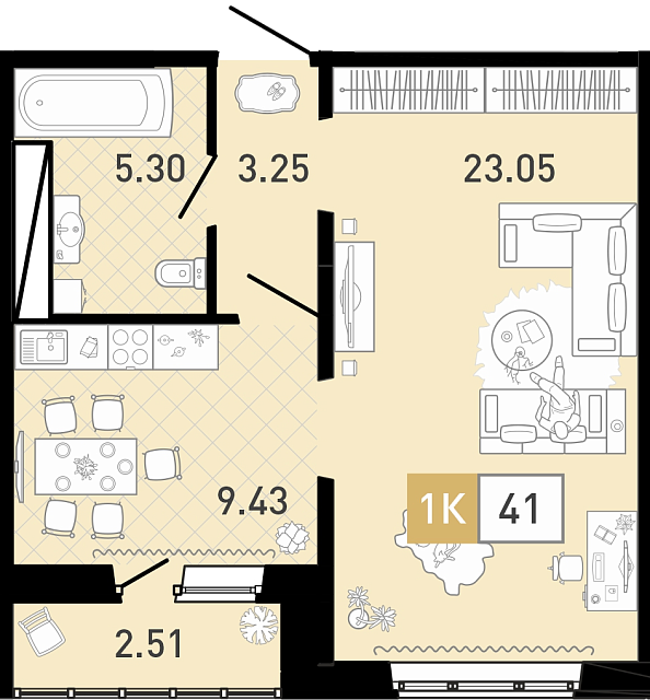 Планировка: 1-комнатная 40.9 м² в ЖК Ново Комарово, Ново-Комарово