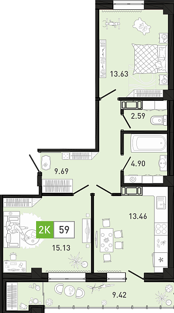 Планировка: Евротрешка 59.4 м² в ЖК Ново Комарово, Ново-Комарово