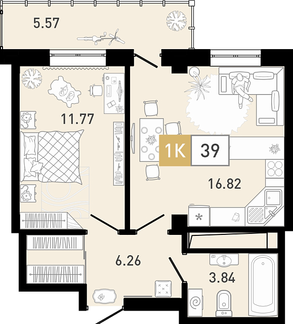 Планировка: Евродвушка 38.6 м² в ЖК Ново Комарово, Ново-Комарово