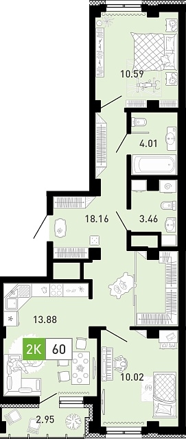 Планировка: Евротрешка 60.1 м² в ЖК Пятый квартал, Ново-Патрушево