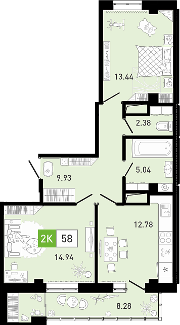 Планировка: Евротрешка 59 м² в ЖК Ново Комарово, Ново-Комарово