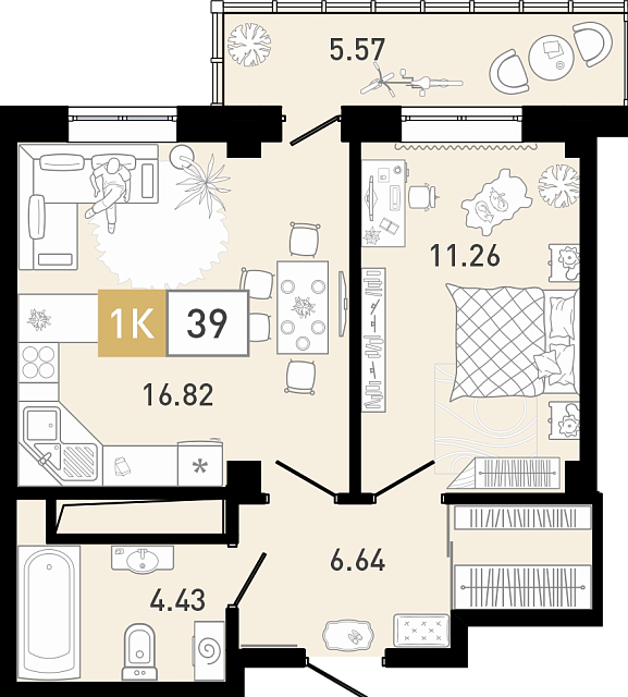 Планировка: Евродвушка 39.2 м² в ЖК Ново Комарово, Ново-Комарово