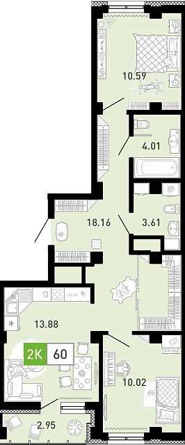 Планировка: Евротрешка 60.3 м² в ЖК Пятый квартал, Ново-Патрушево