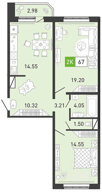 Планировка: Евротрешка 68.1 м² в ЖК Ново Комарово, Ново-Комарово