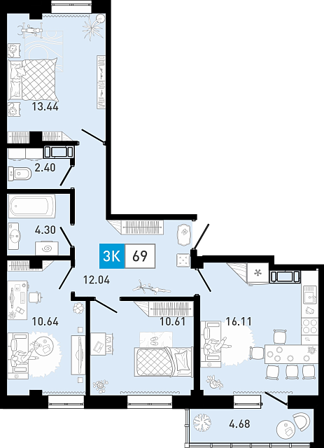 Планировка: 4-комнатная евро 69.2 м² в ЖК Ново Комарово, Ново-Комарово