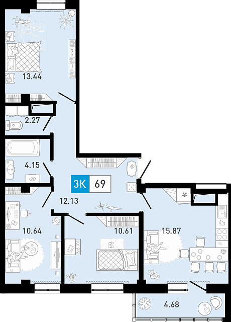 Планировка: 4-комнатная евро 68.6 м² в ЖК Ново Комарово, Ново-Комарово