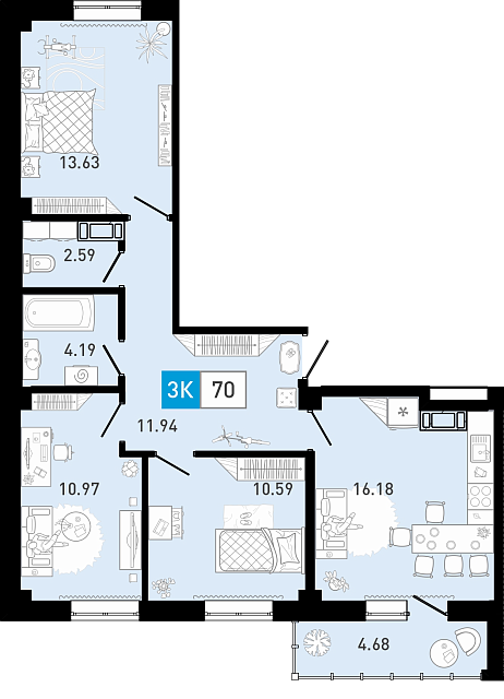 Планировка: 4-комнатная евро 69.8 м² в ЖК Ново Комарово, Ново-Комарово