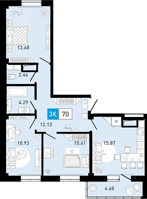 Планировка: 4-комнатная евро 69.7 м² в ЖК Ново Комарово, Ново-Комарово