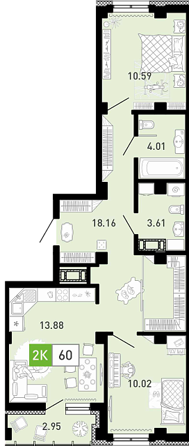 Планировка: Евротрешка 60.3 м² в ЖК Пятый квартал, Ново-Патрушево