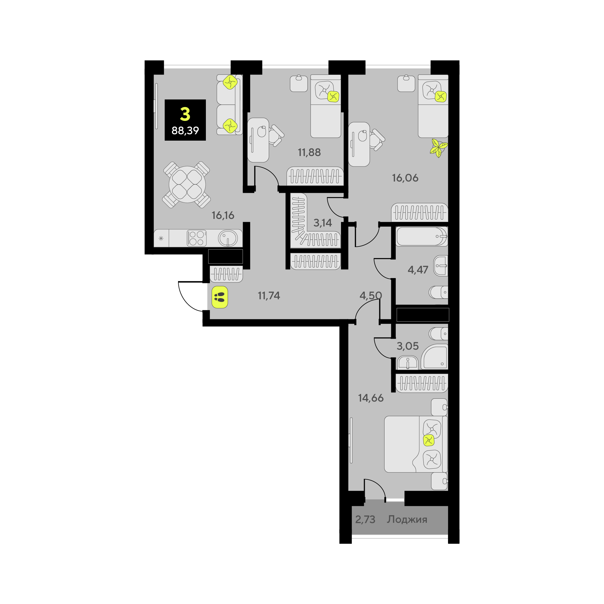 Планировка: 4-комнатная евро 88.4 м² в ЖК Окинава, 5-й Заречный