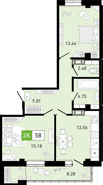 Планировка: Евротрешка 59 м² в ЖК Ново Комарово, Ново-Комарово