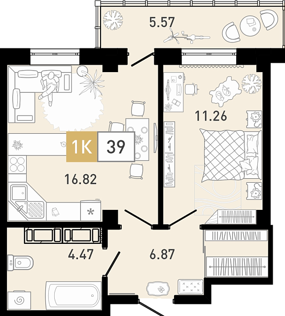 Планировка: Евродвушка 39.7 м² в ЖК Ново Комарово, Ново-Комарово