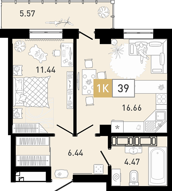 Планировка: Евродвушка 39.2 м² в ЖК Ново Комарово, Ново-Комарово