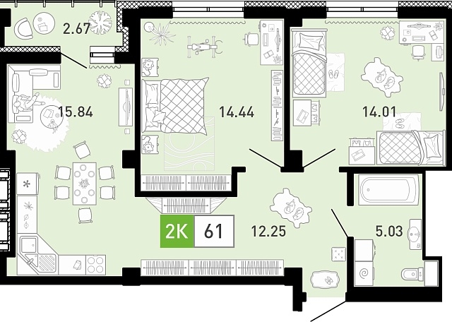 Планировка: Евротрешка 61.7 м² в ЖК Пятый квартал, Ново-Патрушево